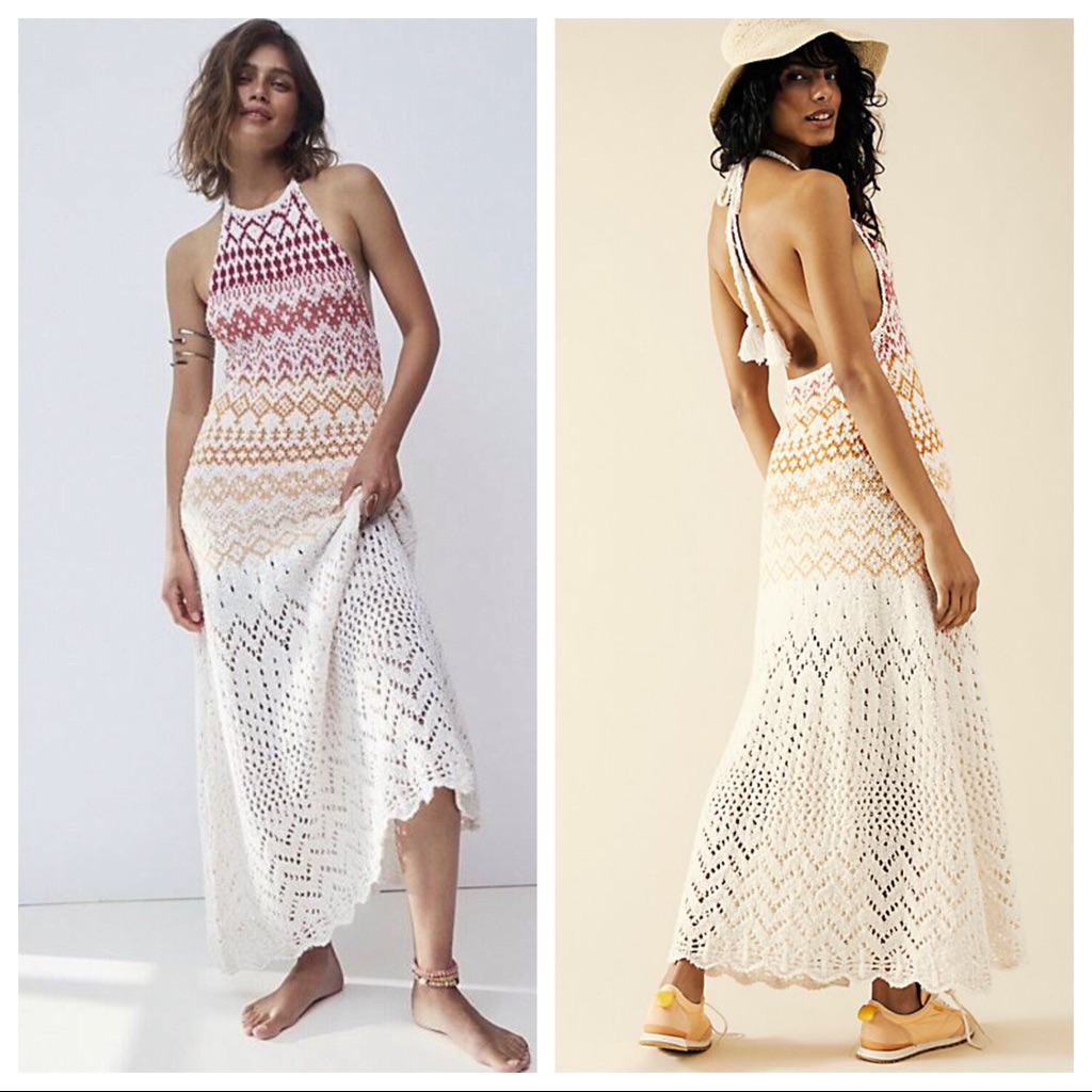 Nwot Free People Ikat Oasis Knit Crochet Sweater Maxi Dress Z208-54